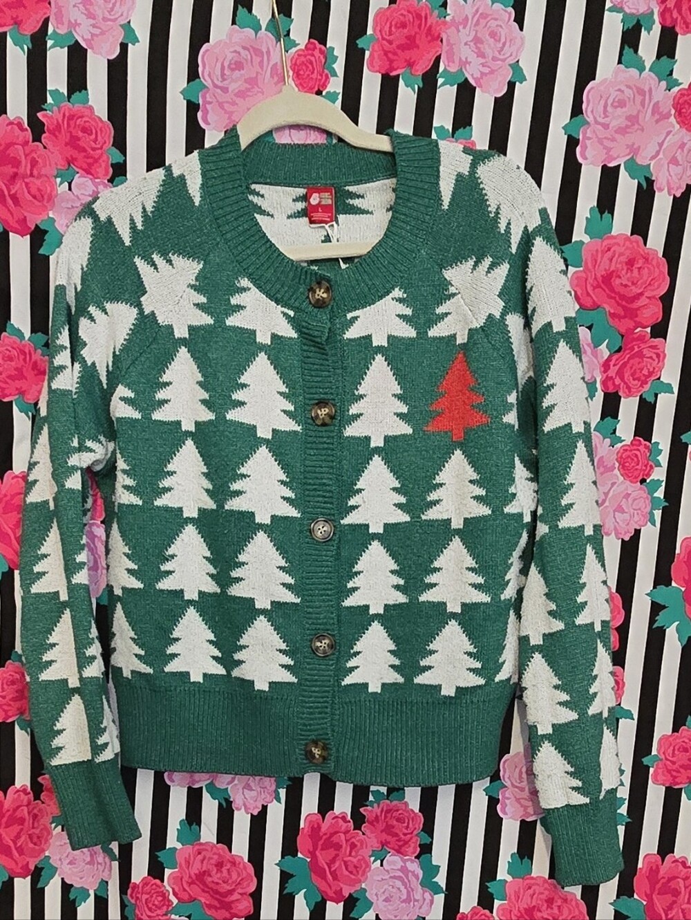 Women's Holiday Pine Tree Button-Front Cardigan Sweater